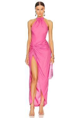 OW Collection Isla Linen Blend Resort Vacation Pink Halter Breezy Maxi NWT S